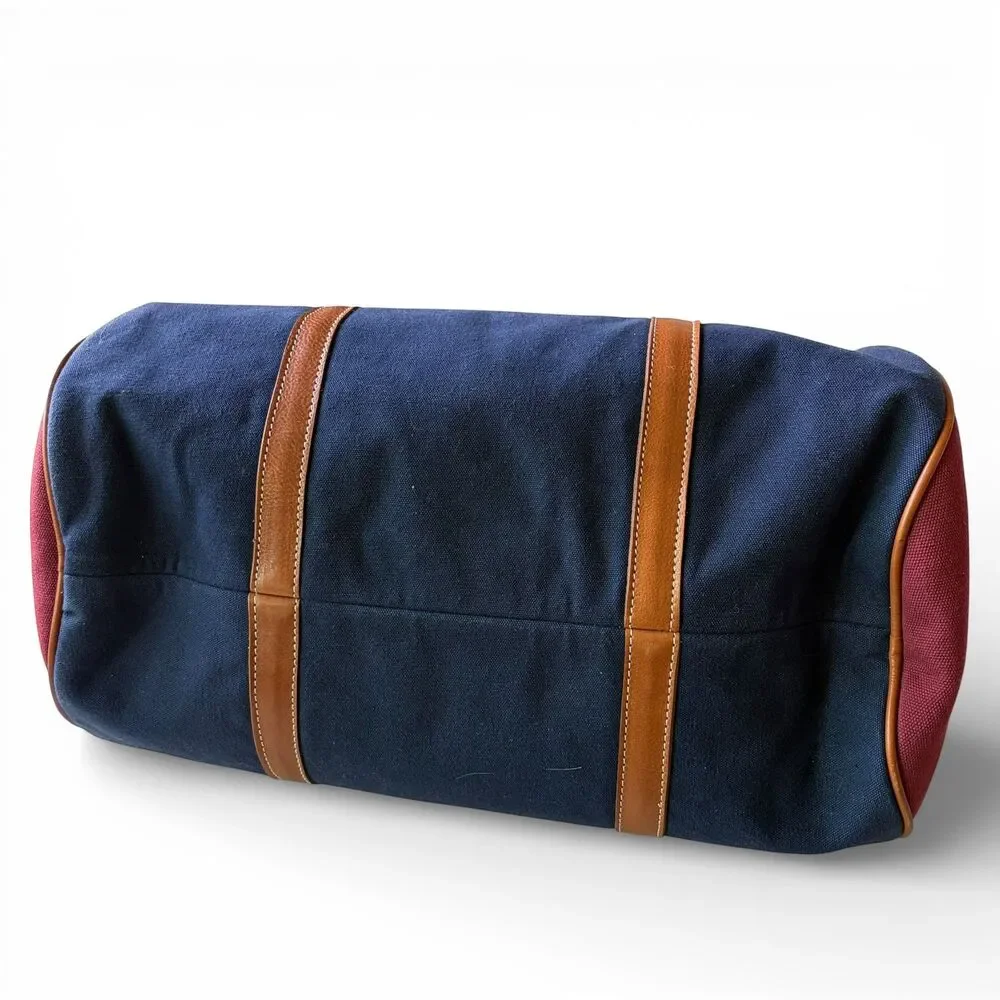 New F.H. Wadsworth NYC Brown Leather Trim Zip Duffle Bag Blue Red Fabric Luggage